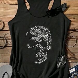 Black Rhinestone Skull Tank Top